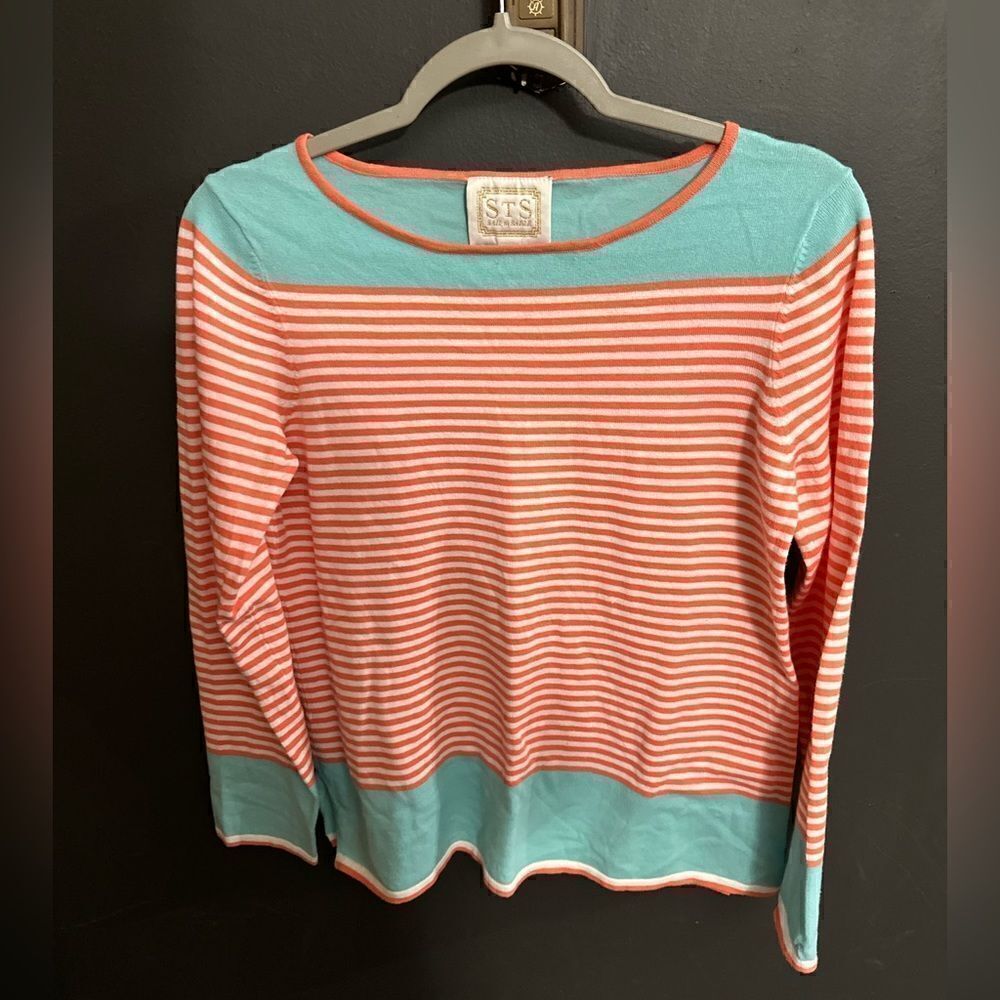 Sail to Sable $198 Coral Aqua Striped Cotton Blend Long Sleeves Sweater Small